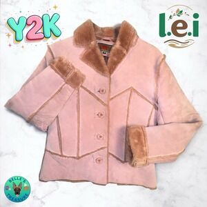 Y2K VTG l.e.i. Jacket Women‎ Medium Pink Suede Leather Fur Trim Phoebe Friends